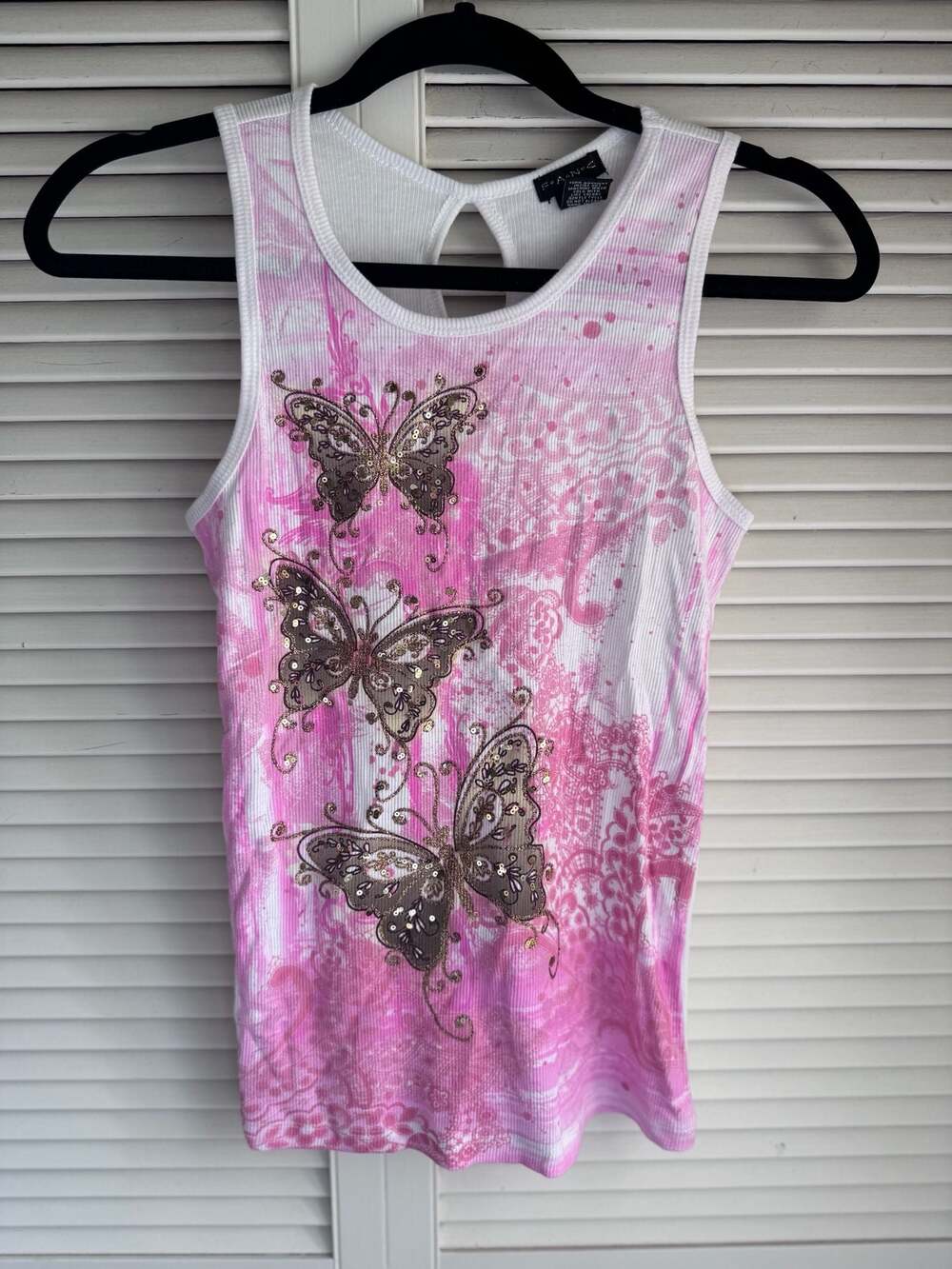 F·A·N·C Pink Butterfly Graphic Sequin Ribbed Tank Top Size XL